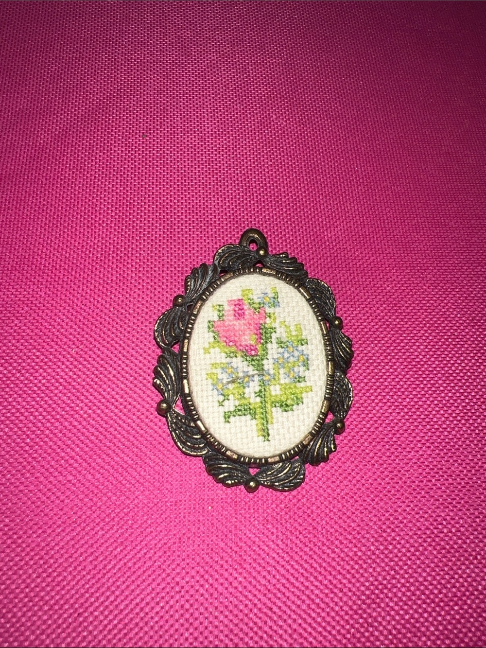 Vintage Pink Floral Cross-Stitch Brooch
